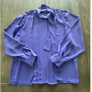 Y2K Steven Barry Purple Silk Tie Neck Blouse Button Shoulder Women's Size 12